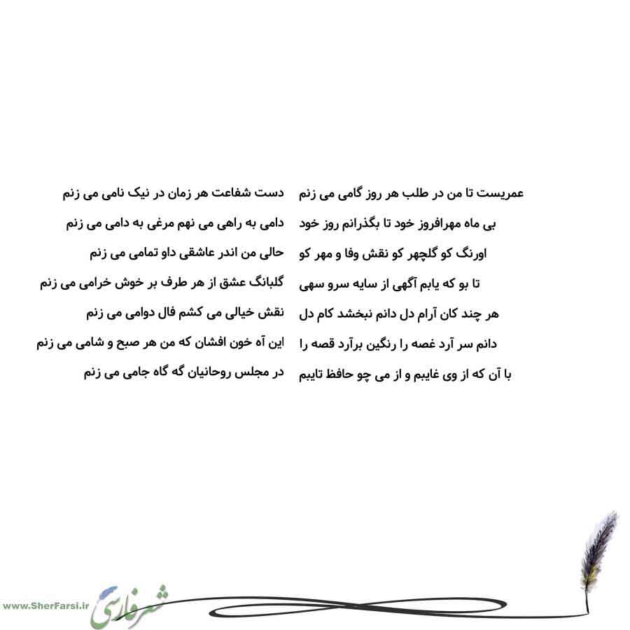 پس زمینه سفید متن نوشته:  دست شفاعت هر زمان در نیک نامی می زنم
دامی به راهی می نهم مرغی به دامی می زنم
حالی من اندر عاشقی داو تمامی می زنم
گلبانگ عشق از هر طرف بر خوش خرامی می زنم
نقش خیالی می کشم فال دوامی می زنم
این آه خون افشان که من هر صبح و شامی می زنم
در مجلس روحانیان گه گاه جامی می زنم عمریست تا من در طلب هر روز گامی می زنم
بی ماه مهرافروز خود تا بگذرانم روز خود
اورنگ کو گلچهر کو نقش وفا و مهر کو
تا بو که یابم آگهی از سایه سرو سهی
هر چند کان آرام دل دانم نبخشد کام دل
دانم سر آرد غصه را رن