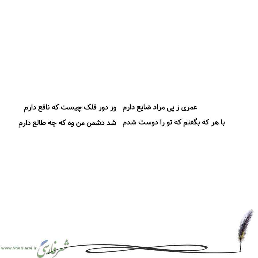 پس زمینه سفید متن نوشته:  وز دور فلک چیست که نافع دارم
شد دشمن من وه که چه طالع دارم عمری ز پی مراد ضایع دارم
با هر که بگفتم که تو را دوست شدم