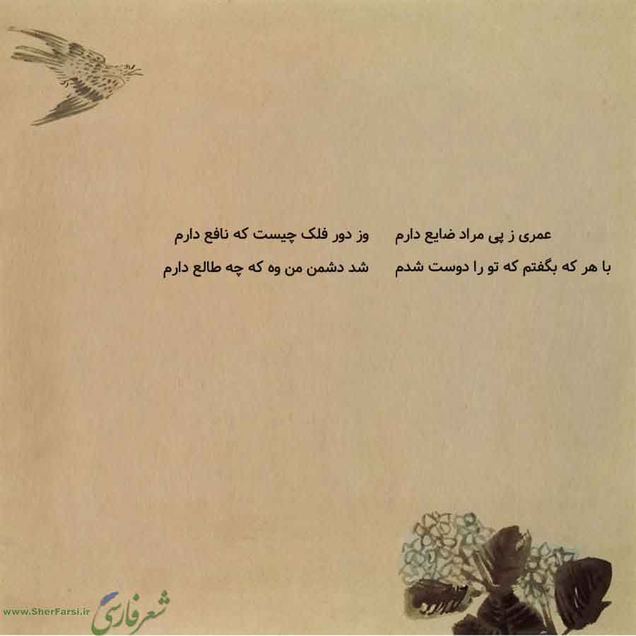 پس زمینه کاهی متن نوشته:  وز دور فلک چیست که نافع دارم
شد دشمن من وه که چه طالع دارم عمری ز پی مراد ضایع دارم
با هر که بگفتم که تو را دوست شدم